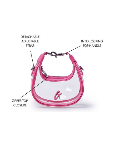 Hot pink NANO CLEAR HOBO BAG featuring a detachable adjustable strap, interlocking top handle, and zipper closure.