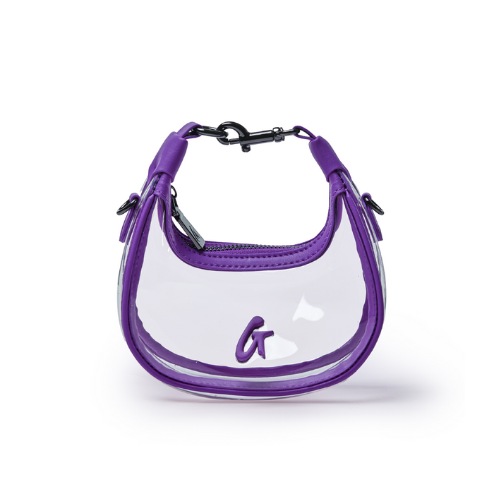 Clear hobo bag in purple with a stylish design and logo, perfect for adding a pop of color to any outfit.