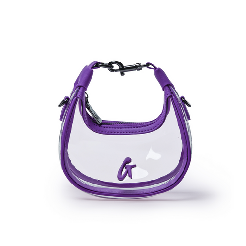 Clear hobo bag in purple with a stylish design and logo, perfect for adding a pop of color to any outfit.