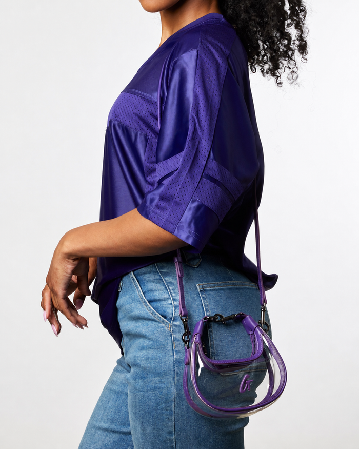 Purple Nano Clear Hobo Bag styled with a casual outfit, showcasing its chic and modern design for affordable luxury.
