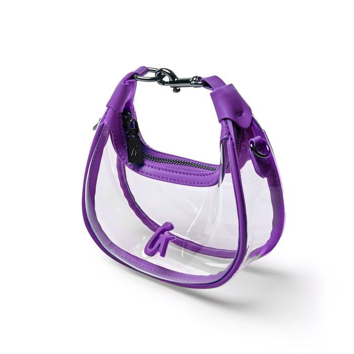 Clear hobo bag in purple with a stylish design and a secure zipper closure, perfect for a chic, modern look.
