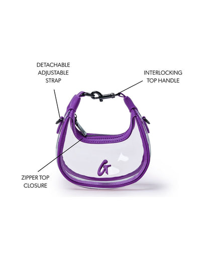 Clear hobo bag in purple with a detachable adjustable strap, interlocking top handle, and zipper closure.