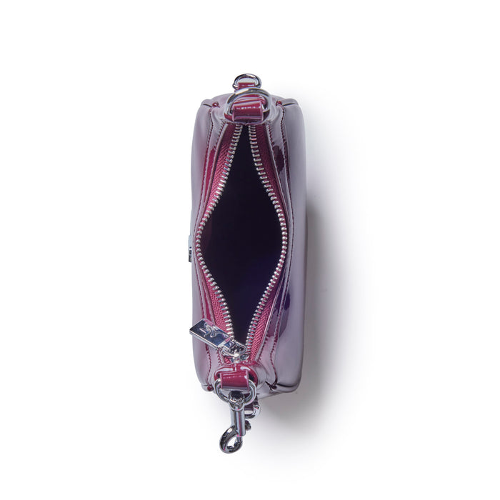Interior view of the Nano Mirror Hobo Bag in mirror burgundy, showcasing a zippered compartment and sleek design.