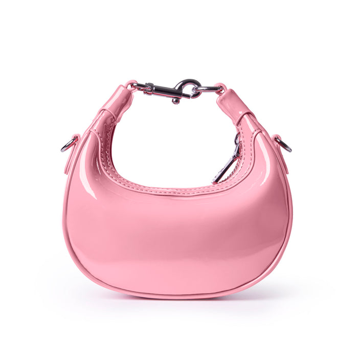 Light pink hobo bag with a glossy finish and a curved silhouette, featuring a sturdy handle and silver hardware.