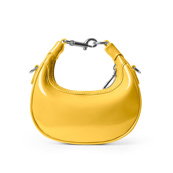 Glossy yellow hobo bag with a sleek design and silver hardware, perfect for adding a pop of color to any outfit.