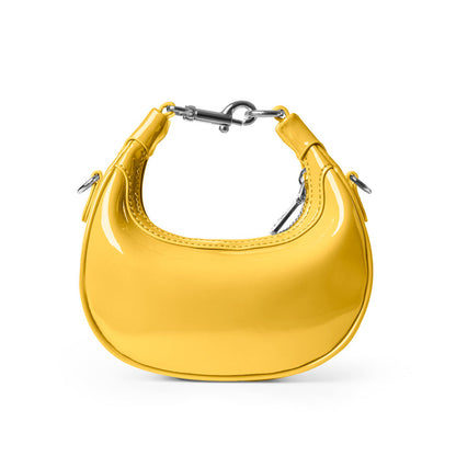 Glossy yellow hobo bag with a sleek design and silver hardware, perfect for adding a pop of color to any outfit.