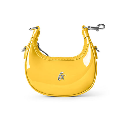 Glossy yellow hobo bag with a sleek design and silver hardware, perfect for adding a pop of color to any outfit.