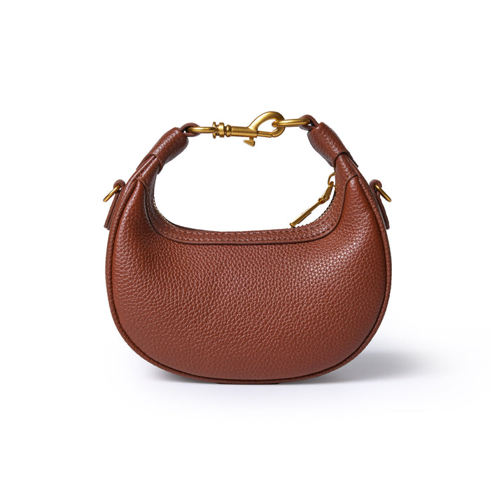 Brown Nano Pebble Hobo Bag with textured leather, gold hardware, and a curved, compact design.