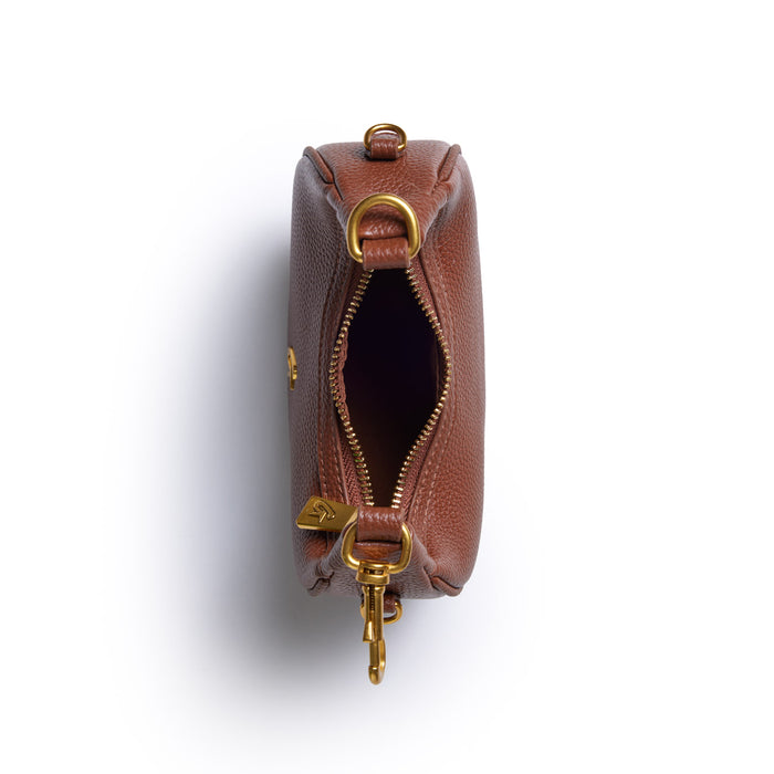 Brown Nano Pebble Hobo Bag with gold hardware, zipper closure, and textured leather finish.