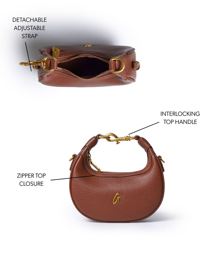 Brown Nano Pebble Hobo Bag featuring a detachable adjustable strap, interlocking top handle, and zipper top closure.