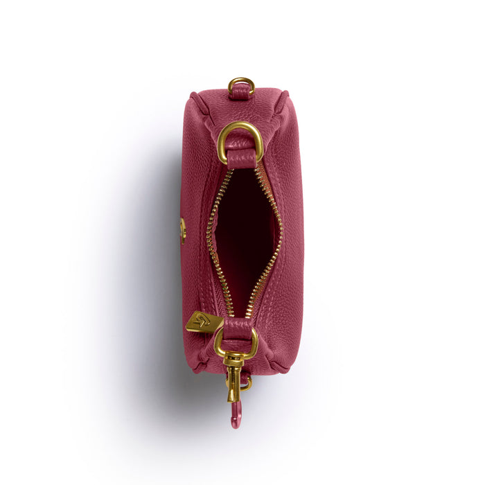 Burgundy Nano Pebble Hobo Bag with a zip closure and gold-tone hardware, showcasing a sleek, compact design.