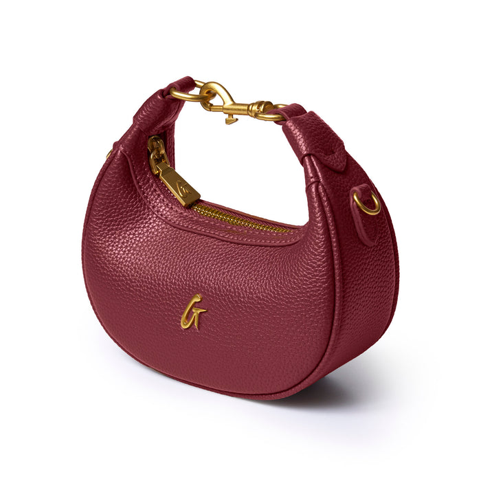 Burgundy Nano Pebble Hobo Bag with a textured finish and gold hardware, perfect for stylish everyday use.