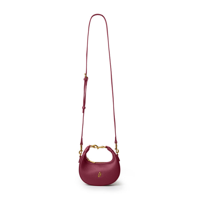 Burgundy Nano Pebble Hobo Bag with a gold-tone chain and adjustable strap, perfect for stylish everyday use.