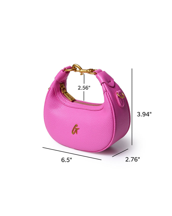 Hot pink NANO PEBBLE HOBO BAG with gold accents, featuring a compact design and stylish silhouette for trendy looks.