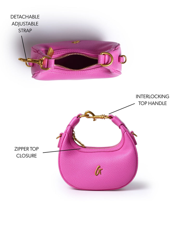 Hot pink NANO PEBBLE HOBO BAG featuring a detachable adjustable strap, zipper top closure, and interlocking top handle.