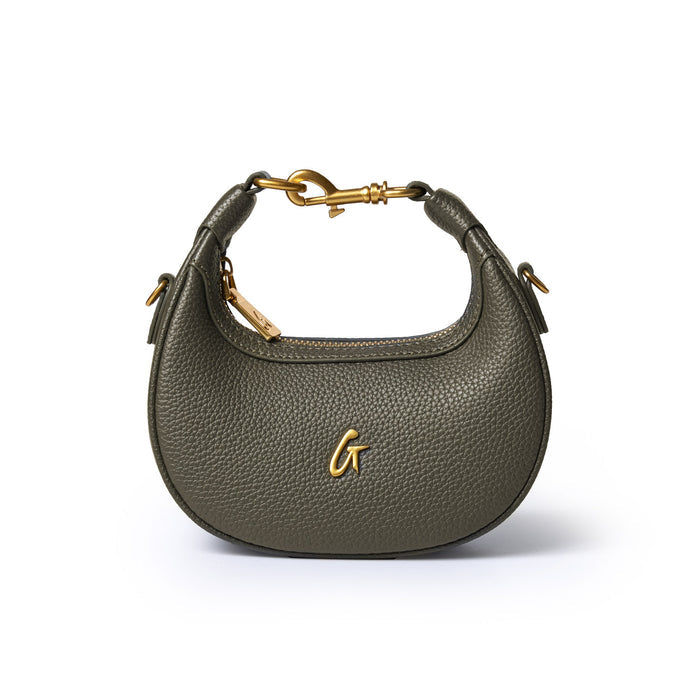 Olive green Nano Pebble Hobo Bag with gold hardware, textured leather, and a gold logo on the front.