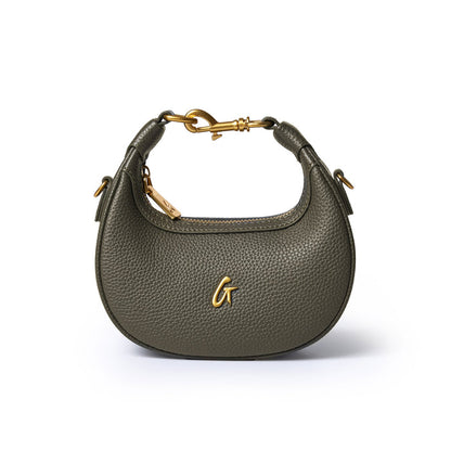 Olive green Nano Pebble Hobo Bag with gold hardware, textured leather, and a gold logo on the front.