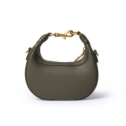 Olive green Nano Pebble Hobo Bag with textured leather, gold-tone hardware, and a curved, compact design.