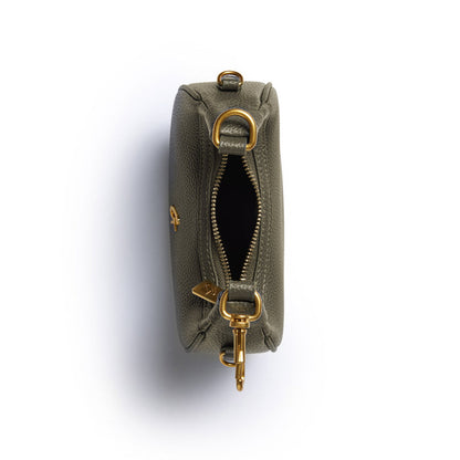 Olive green Nano Pebble Hobo Bag with gold hardware, zipper closure, and textured pebble leather design.