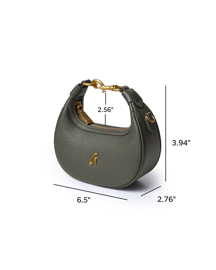 Olive green NANO PEBBLE HOBO BAG with gold hardware, featuring a sleek design and compact dimensions.
