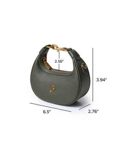 Olive green NANO PEBBLE HOBO BAG with gold hardware, featuring a sleek design and compact dimensions.