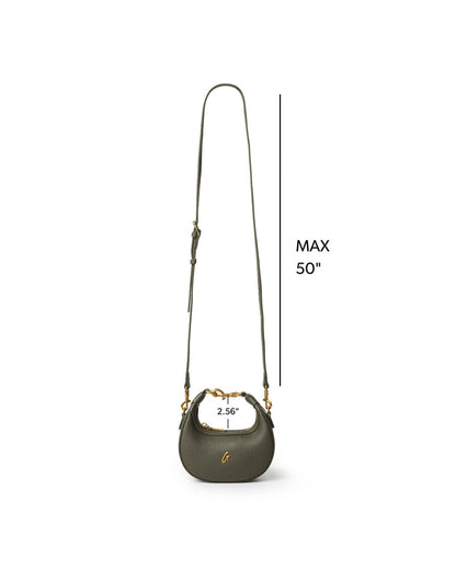Olive green NANO PEBBLE HOBO BAG with adjustable strap and gold-tone hardware, perfect for stylish everyday use.