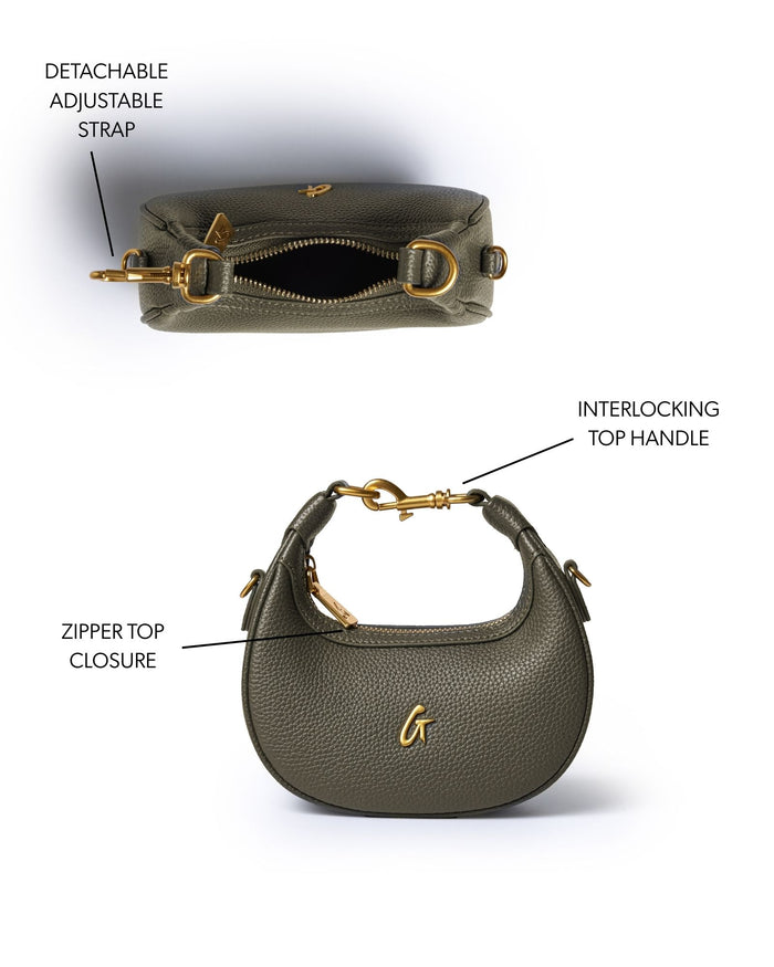 Olive green NANO PEBBLE HOBO BAG featuring a detachable adjustable strap and zipper top closure.