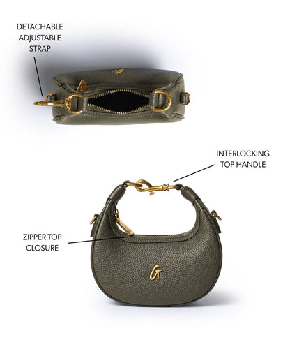 Olive green NANO PEBBLE HOBO BAG featuring a detachable adjustable strap and zipper top closure.