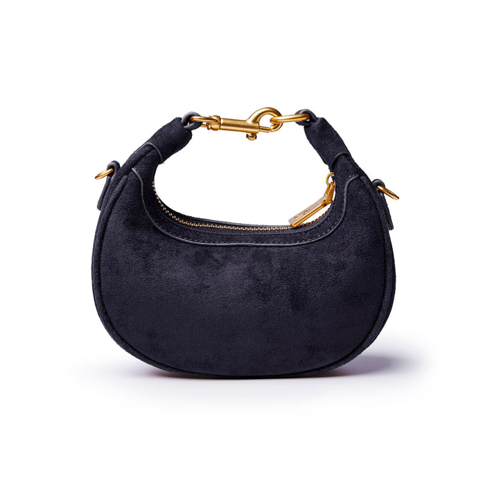 Black nano suede hobo bag featuring a gold-tone clasp and zipper, perfect for stylish everyday use.