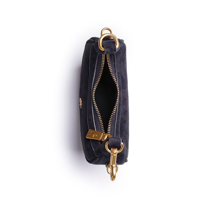 Black nano suede hobo bag with a zippered closure and gold hardware, showcasing a sleek and stylish design.