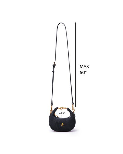 Black nano suede hobo bag with a stylish curved shape and adjustable strap, perfect for chic everyday use.