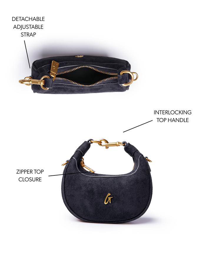 NANO SUEDE HOBO BAG in black featuring a detachable adjustable strap, interlocking top handle, and zipper closure.