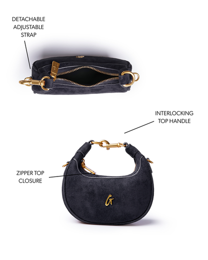 NANO SUEDE HOBO BAG in black featuring a detachable adjustable strap, interlocking top handle, and zipper closure.