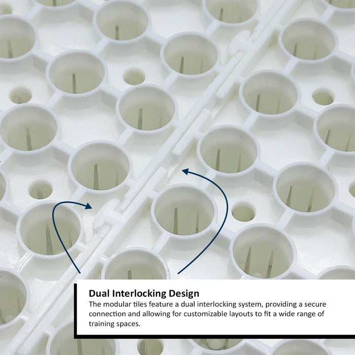 A close-up of the white ski mat with dual interlocking design. Blue arrows highlight the connection point, with a text overlay titled "Dual Interlocking Design.