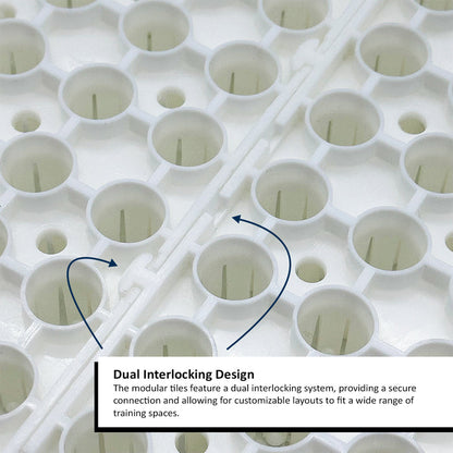 A close-up of the white ski mat with dual interlocking design. Blue arrows highlight the connection point, with a text overlay titled "Dual Interlocking Design.