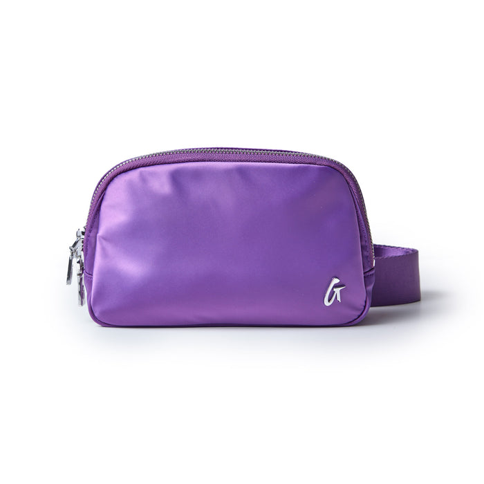 Purple nylon fanny pack with a zipper closure, silver hardware, and a small logo on the front.