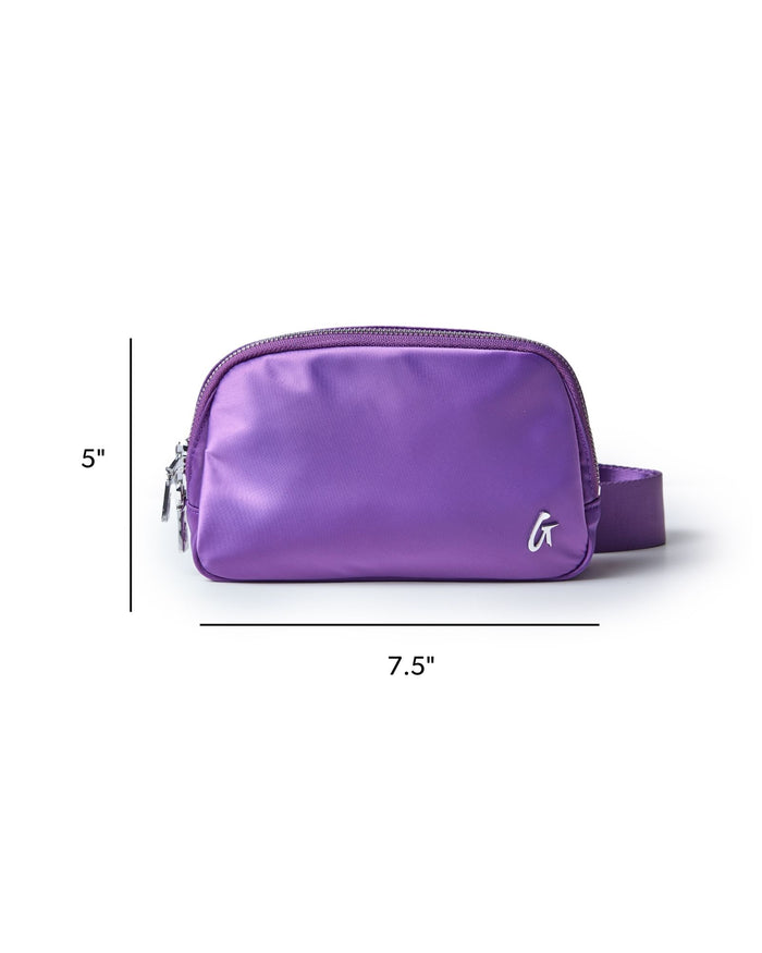 Purple nylon fanny pack with a sleek design, featuring a zippered compartment and adjustable strap.