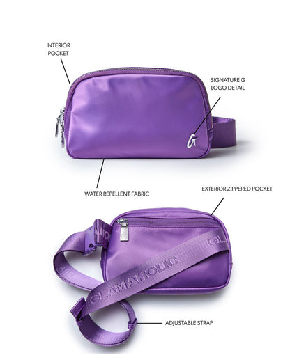 Purple nylon fanny pack featuring a signature logo, adjustable strap, and exterior zippered pocket. Ideal for stylish convenience.
