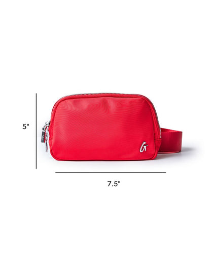 Red nylon fanny pack with a sleek design, featuring a zippered closure and adjustable strap for convenience.