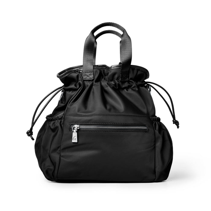 Stylish black nylon lunch bag with drawstring closure and exterior zip pocket, perfect for on-the-go meals.