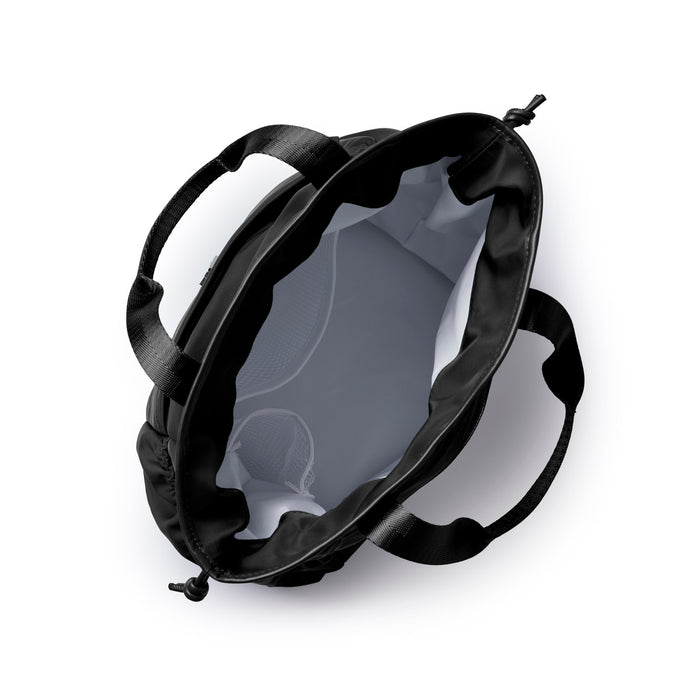 Stylish black nylon lunch bag with spacious interior and dual handles for easy carrying. Ideal for on-the-go meals.