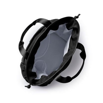 Stylish black nylon lunch bag with spacious interior and dual handles for easy carrying. Ideal for on-the-go meals.