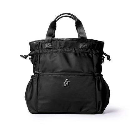 Stylish black nylon lunch bag with dual handles and spacious compartments for easy organization.