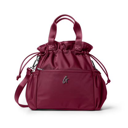 Burgundy nylon lunch bag with drawstring closure and dual handles, perfect for stylish on-the-go meals.