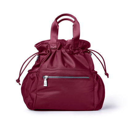 Burgundy nylon lunch bag with drawstring closure and front zip pocket, perfect for stylish on-the-go meals.