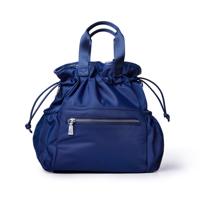 Navy nylon lunch bag with drawstring closure and exterior zip pocket, perfect for stylish on-the-go meals.