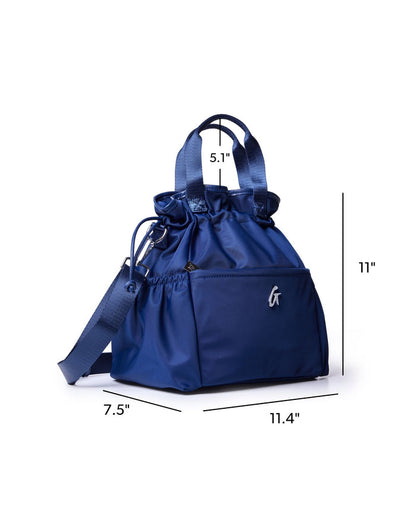 Navy nylon lunch bag with adjustable strap, drawstring closure, and side pocket for convenient storage.