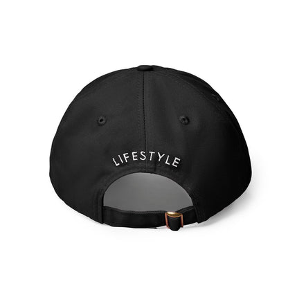 Black dad hat featuring the word "LIFESTYLE" embroidered on the back, designed for casual, stylish wear.