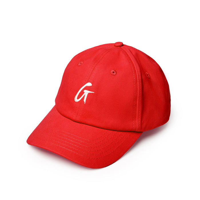 Red OG Dad Hat featuring an embroidered white "G" logo, perfect for a casual and stylish look.