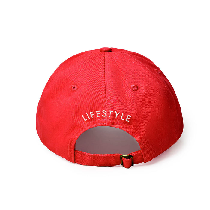 Red OG Dad Hat featuring a stylish back design with the word "LIFESTYLE" embroidered for a trendy look.